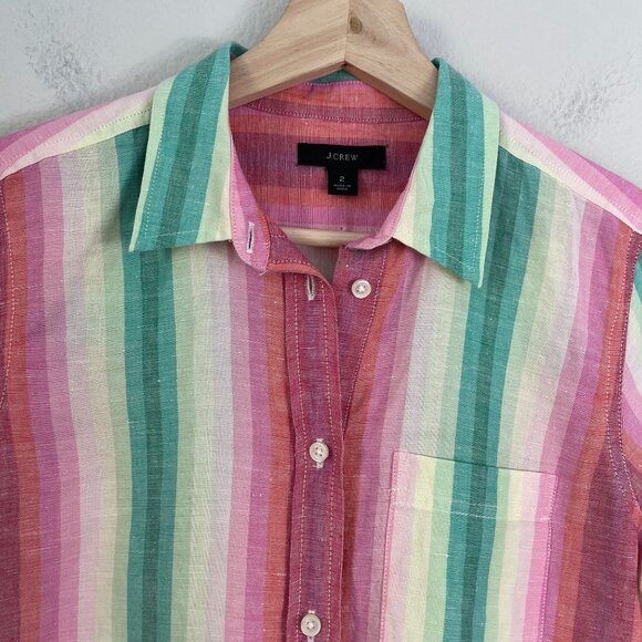 J Crew Womens 2 Multicolor Striped Linen Cotton Button Up Shirt Long Sleeve Top - Picture 3 of 9